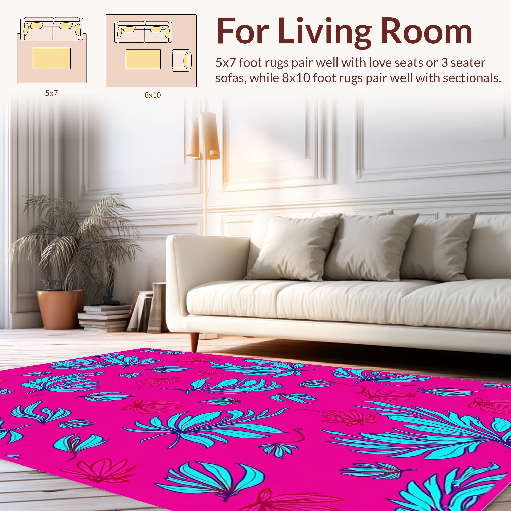 Vibrant Cyan Tropical Leaf Pattern Rug