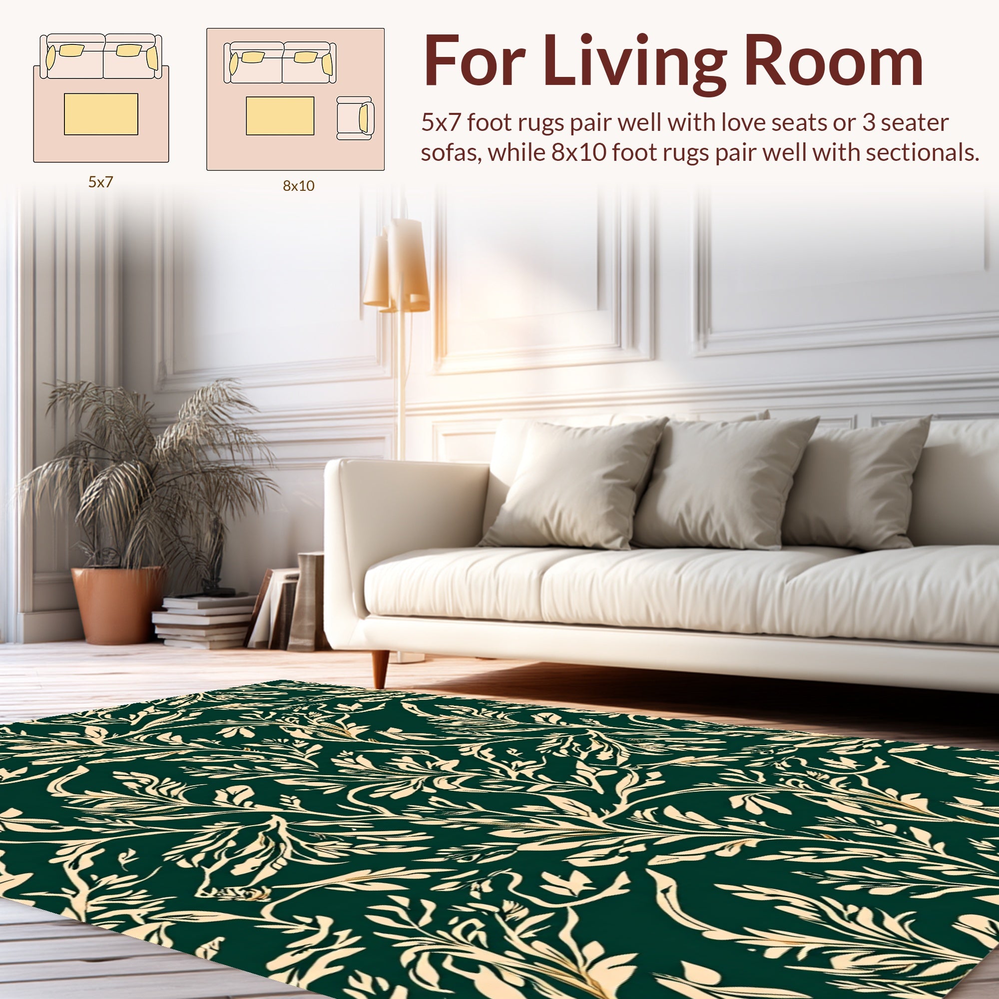 Elegant Cream Green Botanical Pattern Rug