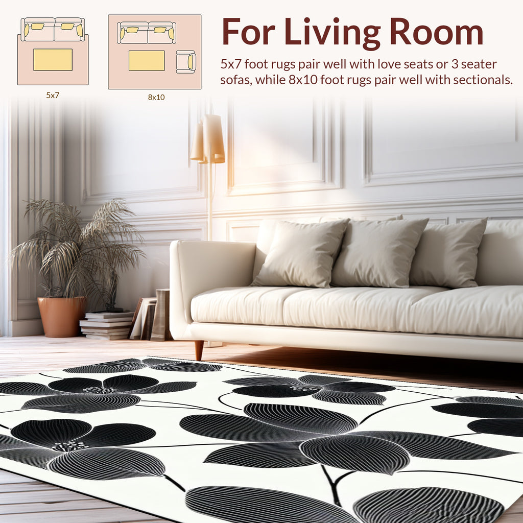 Artistic Black White Floral Line Art Rug
