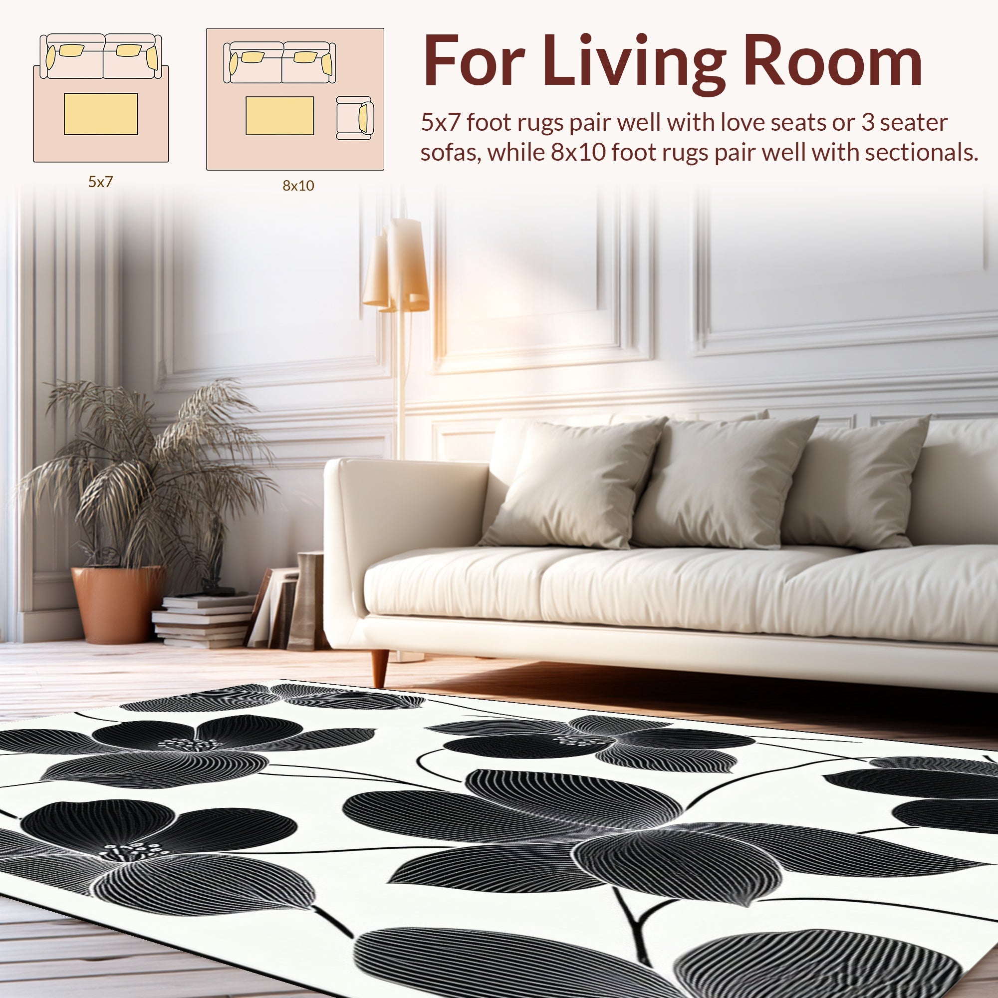 Artistic Black White Floral Line Art Rug