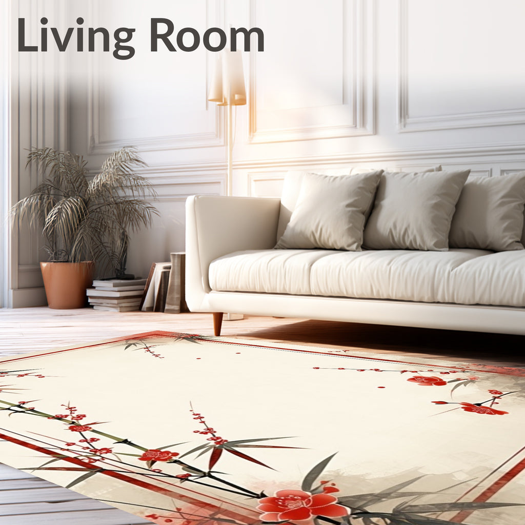 Red Bamboo Blossoms Traditional Rug
