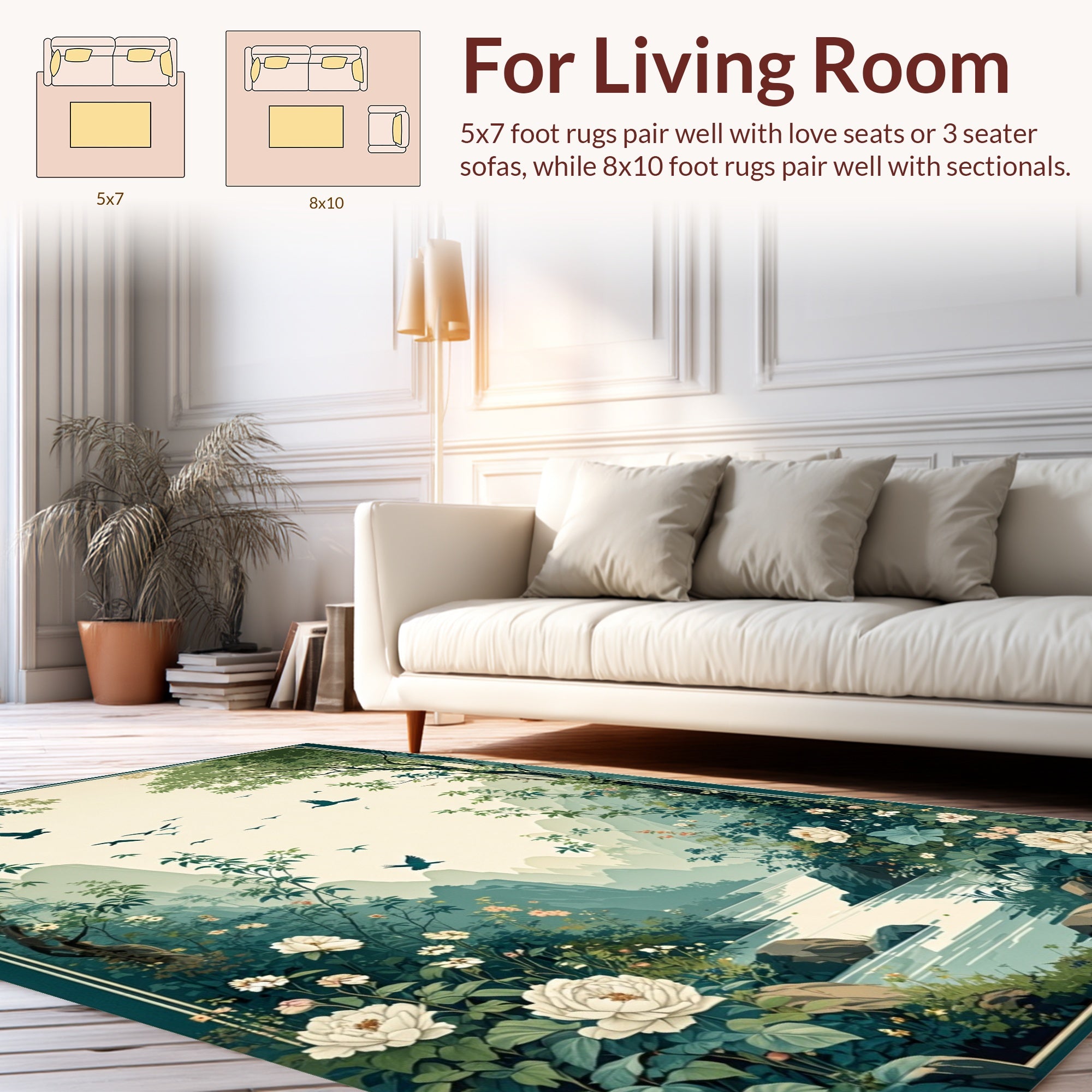 Serene Mountain River Floral Landscape Rug