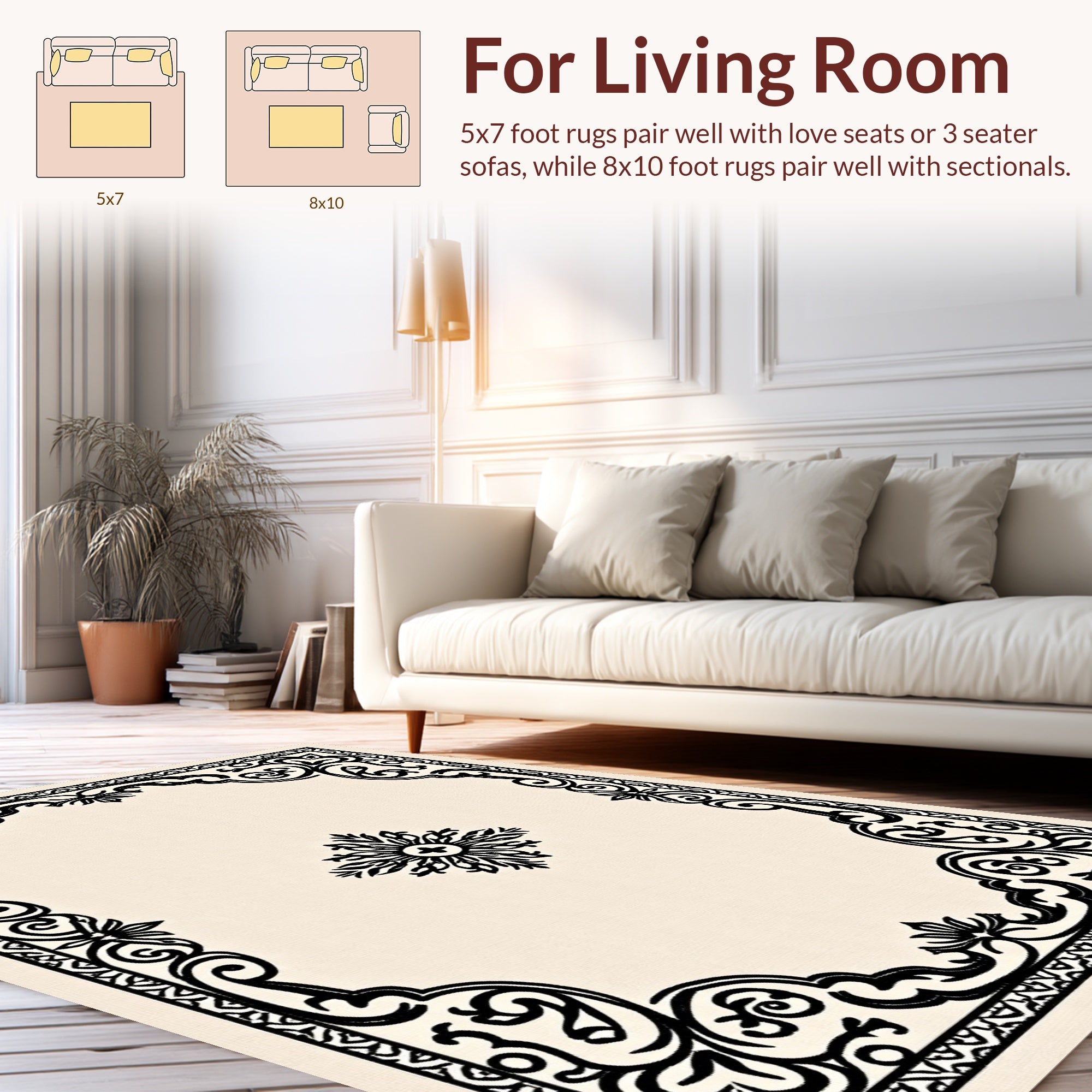 Elegant Black Scrollwork Floral Frame Rug