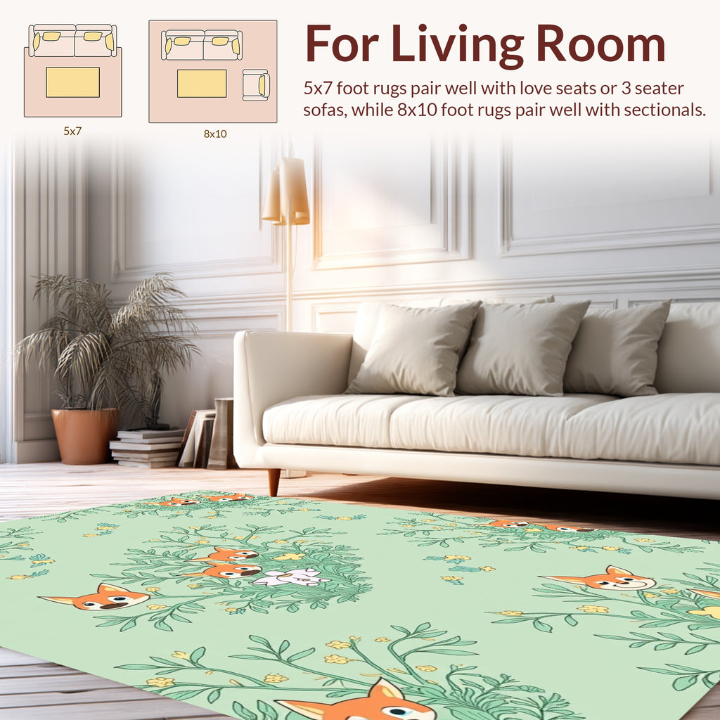 Whimsical Foxy Faces Green Floral Rug