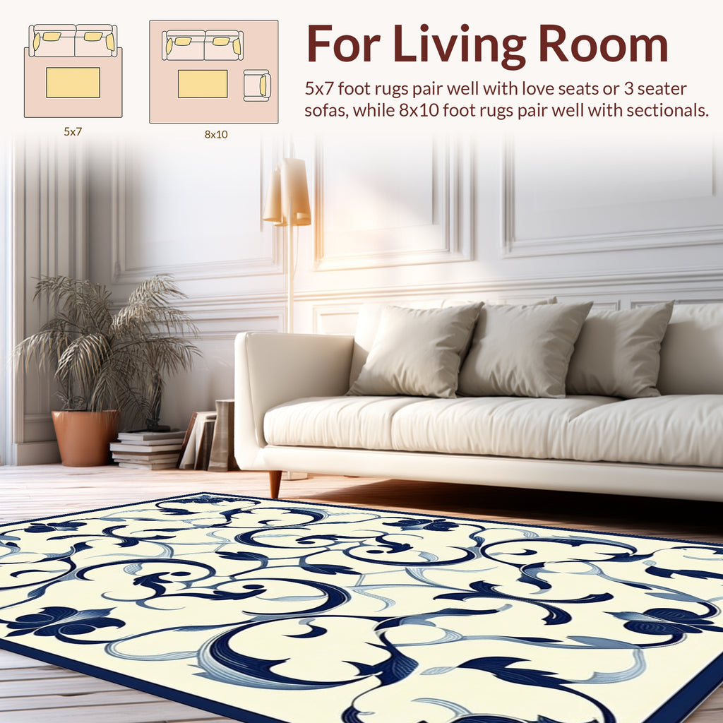 Classic Blue White Floral Scroll Pattern Rug