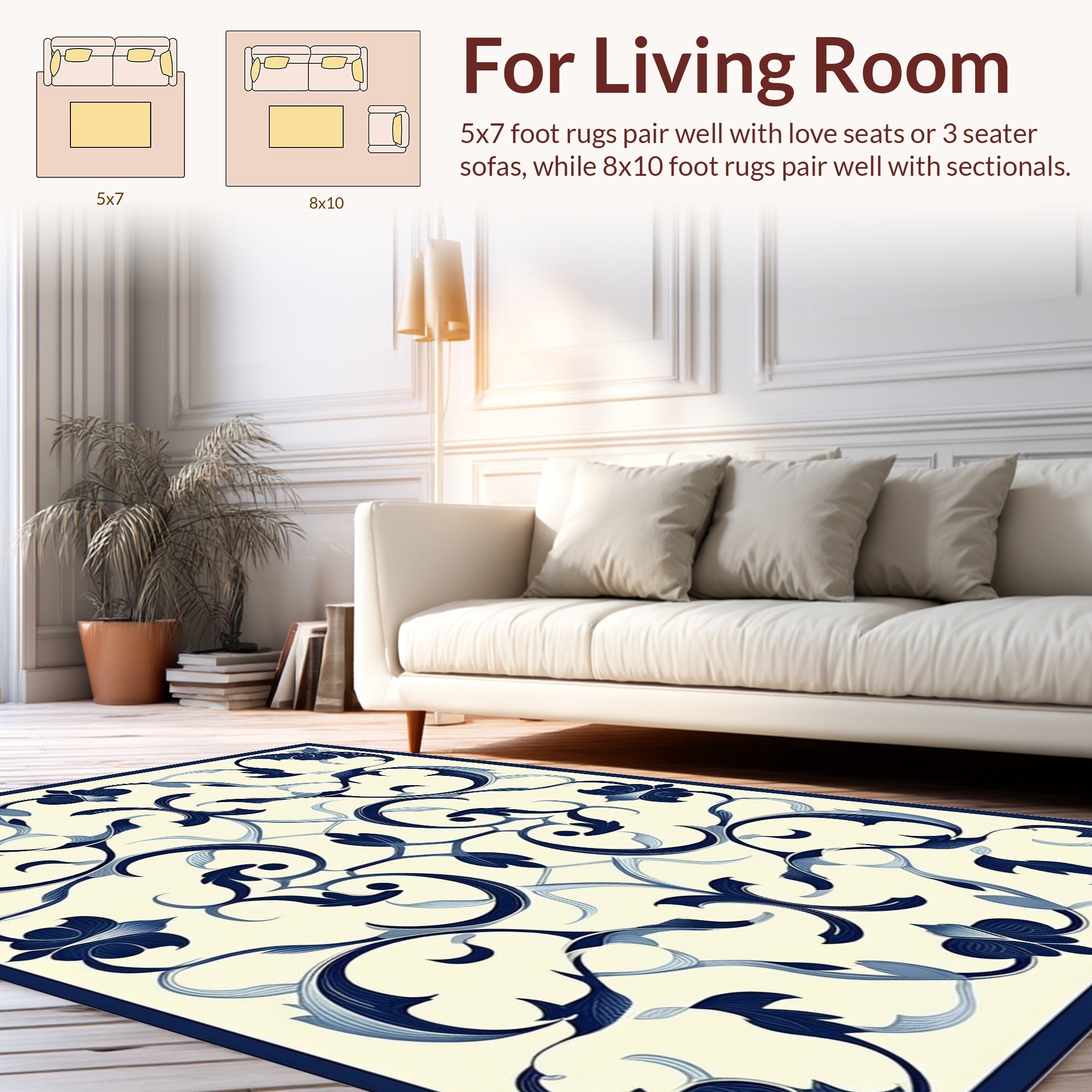 Classic Blue White Floral Scroll Pattern Rug