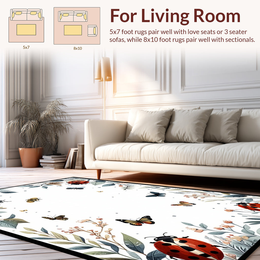 Whimsical Ladybug Butterfly Floral Arrangement Rug
