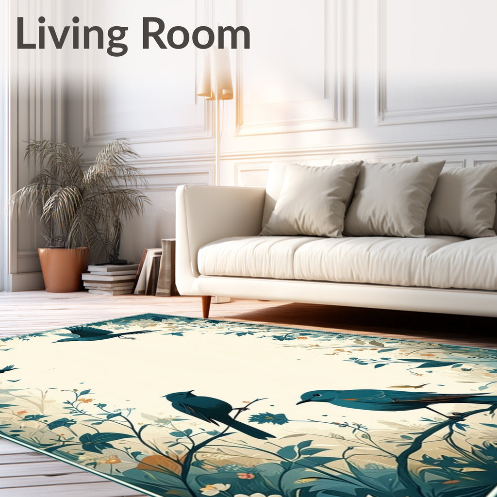 Whimsical Blue Birds Floral Nature Rug