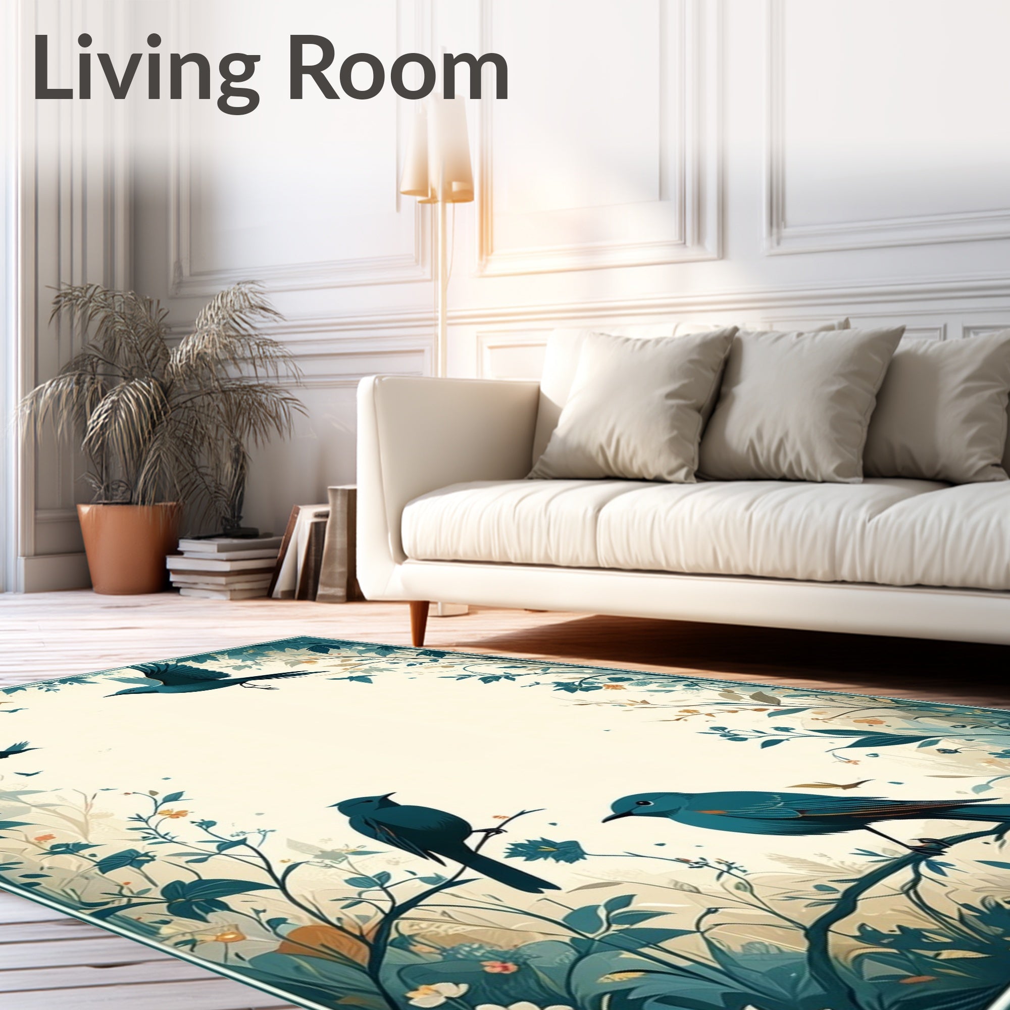 Whimsical Blue Birds Floral Nature Rug