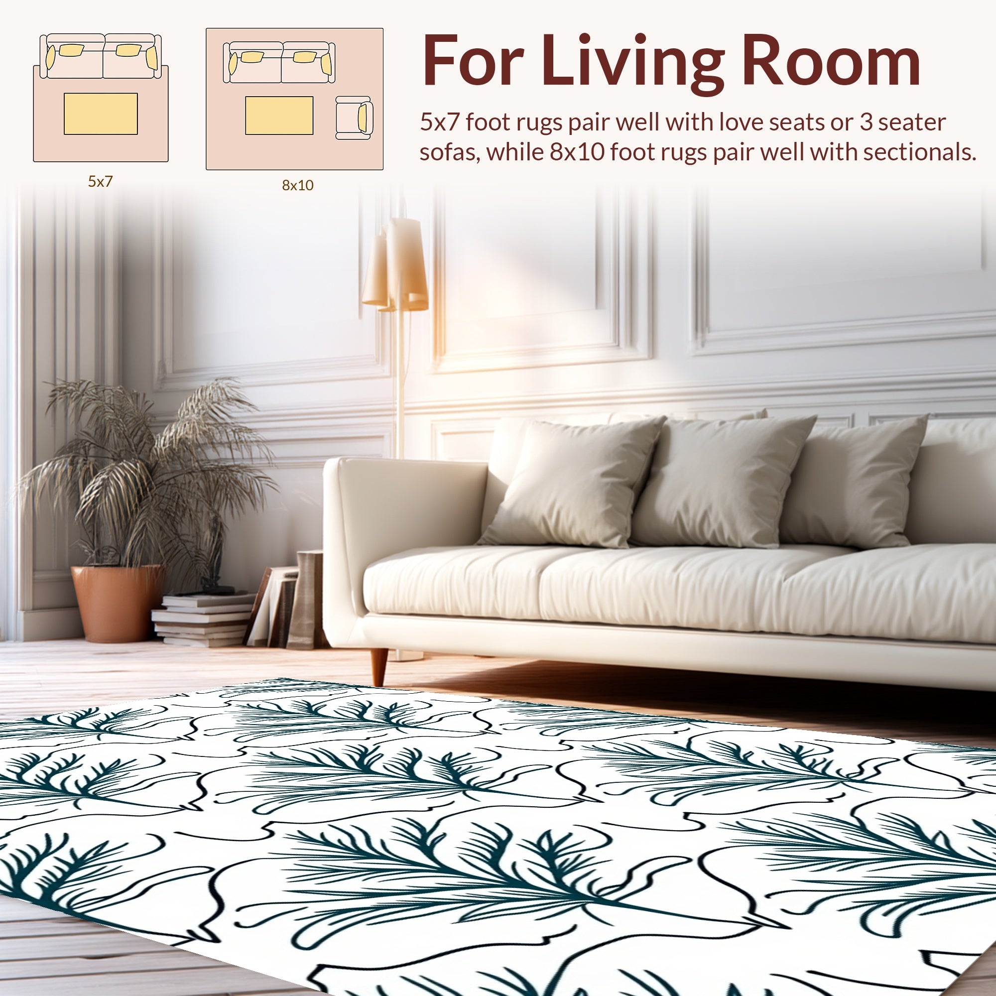 Elegant Teal Leafy Branch Pattern Rug