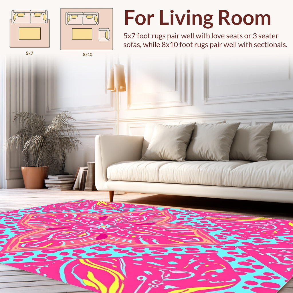 Vibrant Pink Turquoise Floral Medallion Pattern Rug