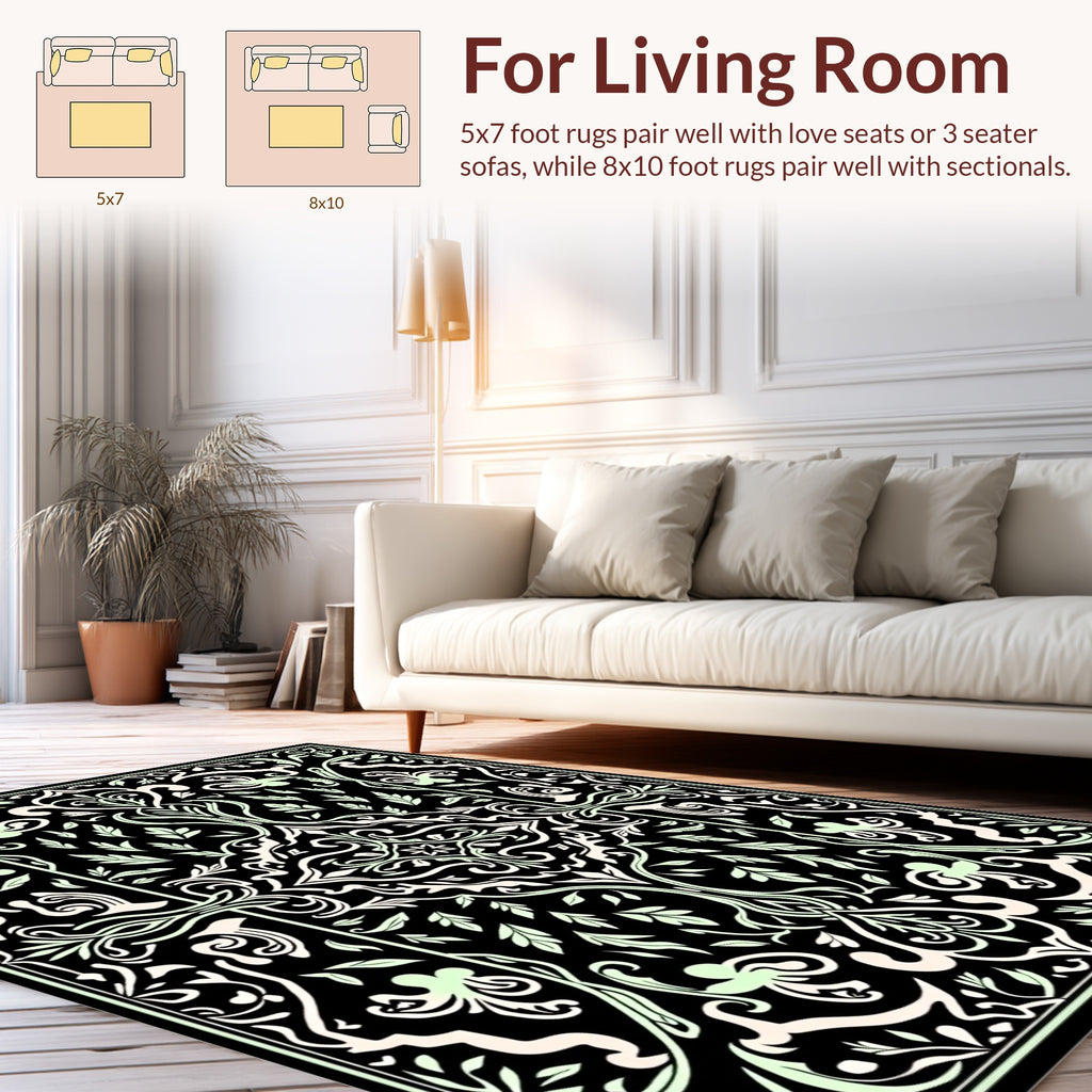 Black Light Green Floral Pattern Rug