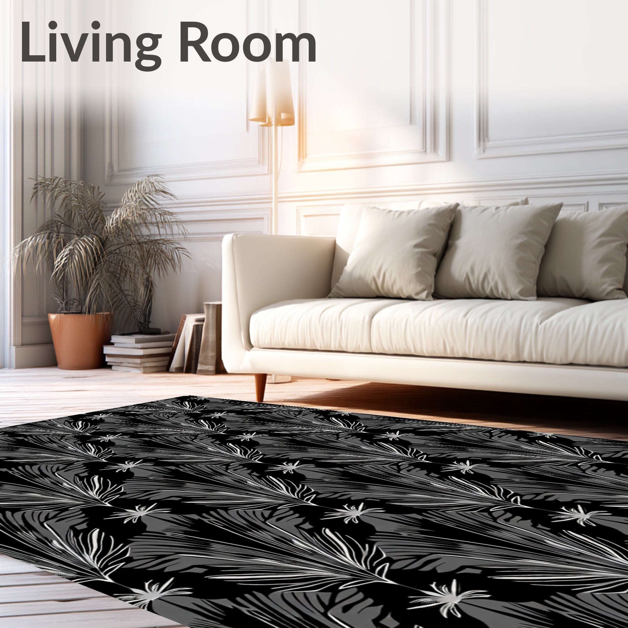 Black White Feathered Palm Fan Rug