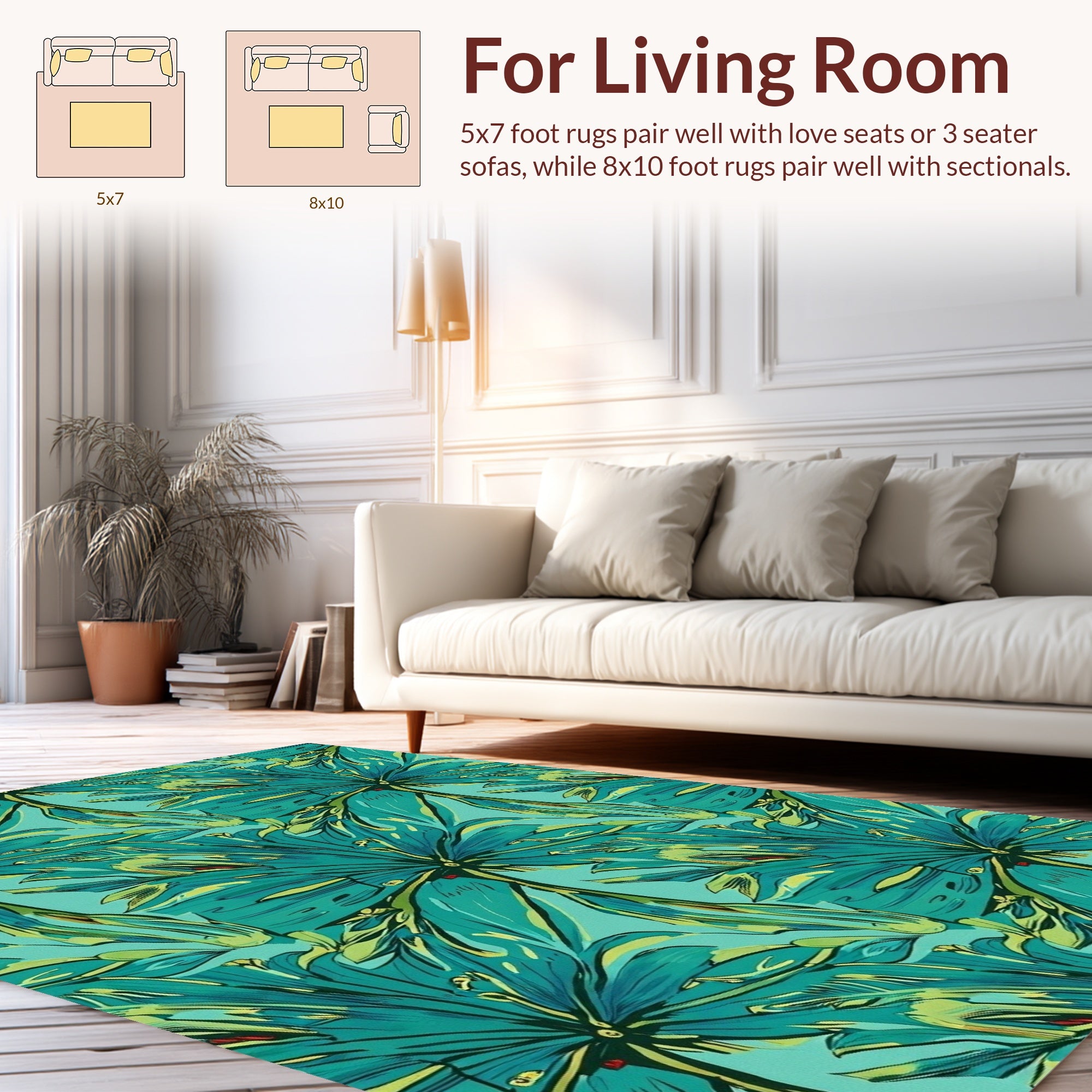 Tropical Leaf Teal Abstract Pattern Rug