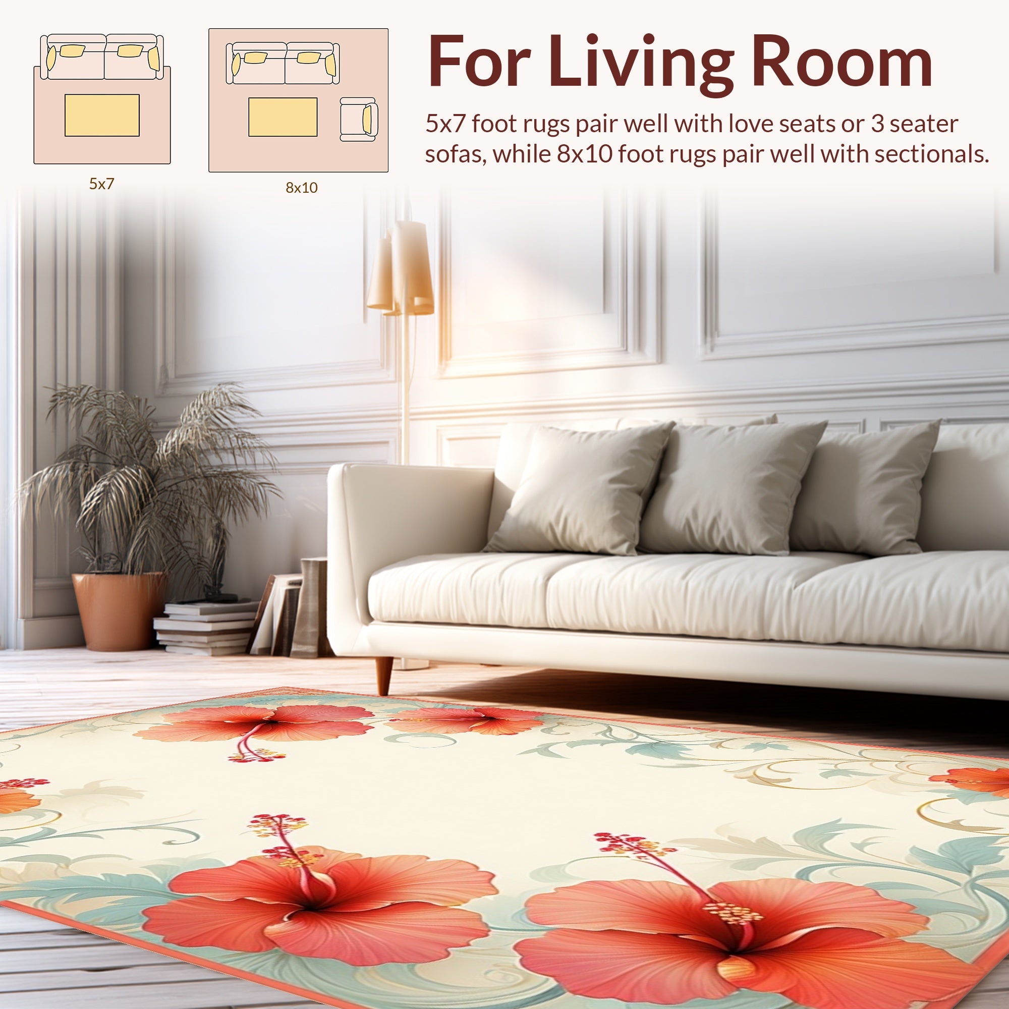 Coral Hibiscus Floral Swirl Pattern Rug