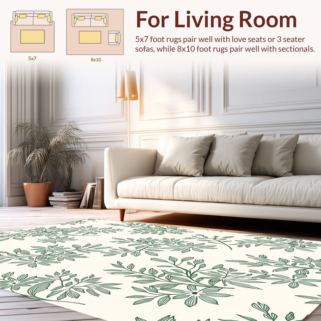 Delicate Green Floral Botanical Pattern Rug