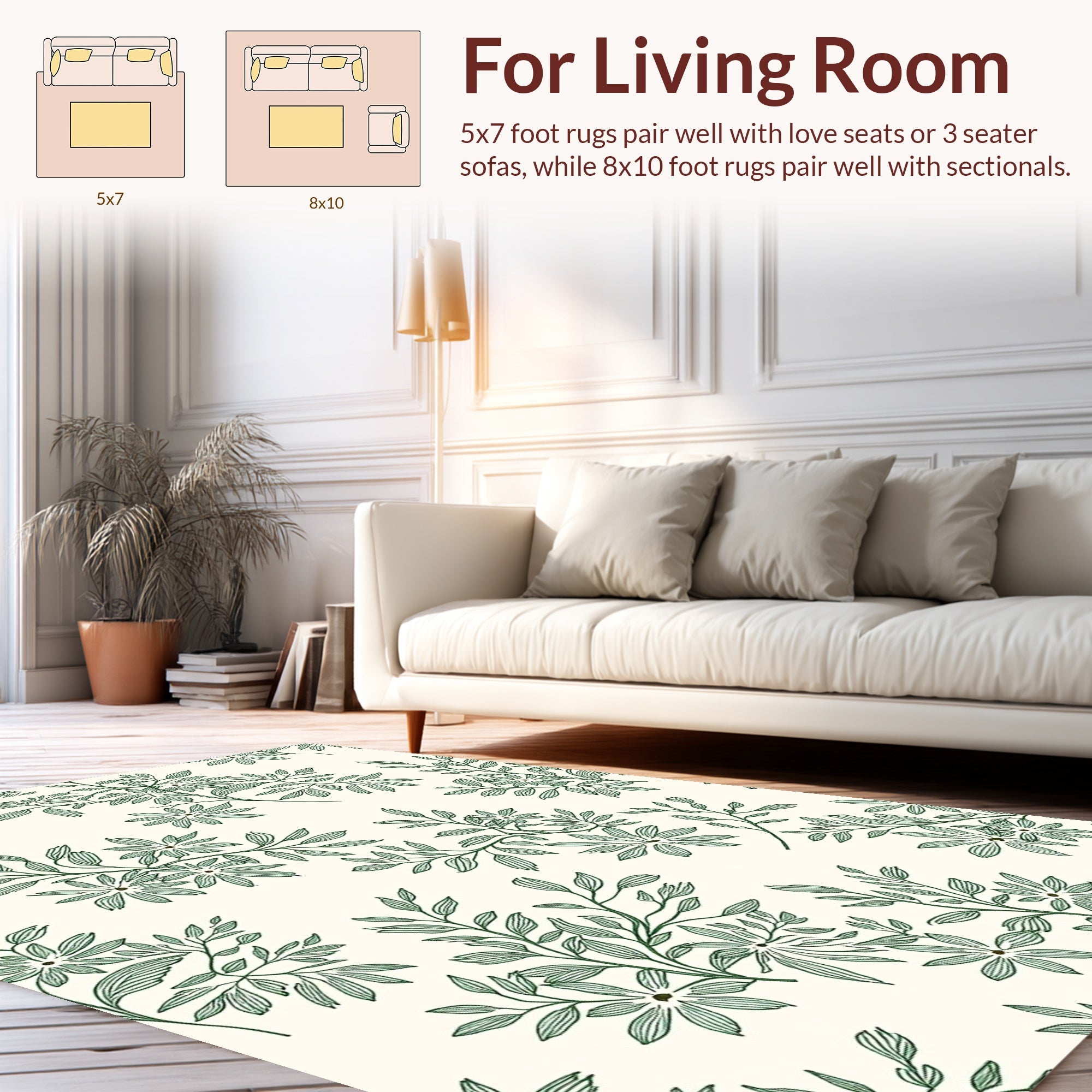 Delicate Green Floral Botanical Pattern Rug
