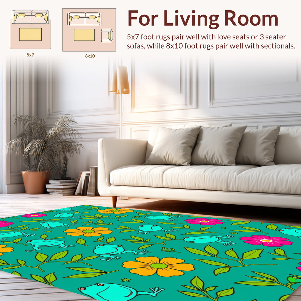 Frog Flower Patterned Whimsical Rug