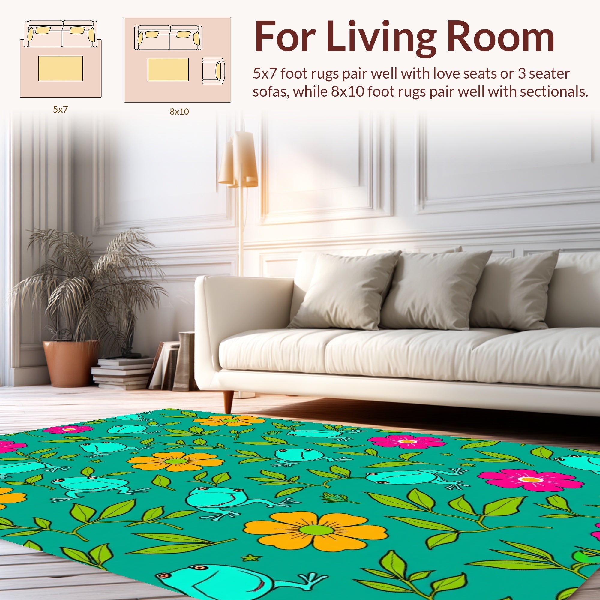 Frog Flower Patterned Whimsical Rug