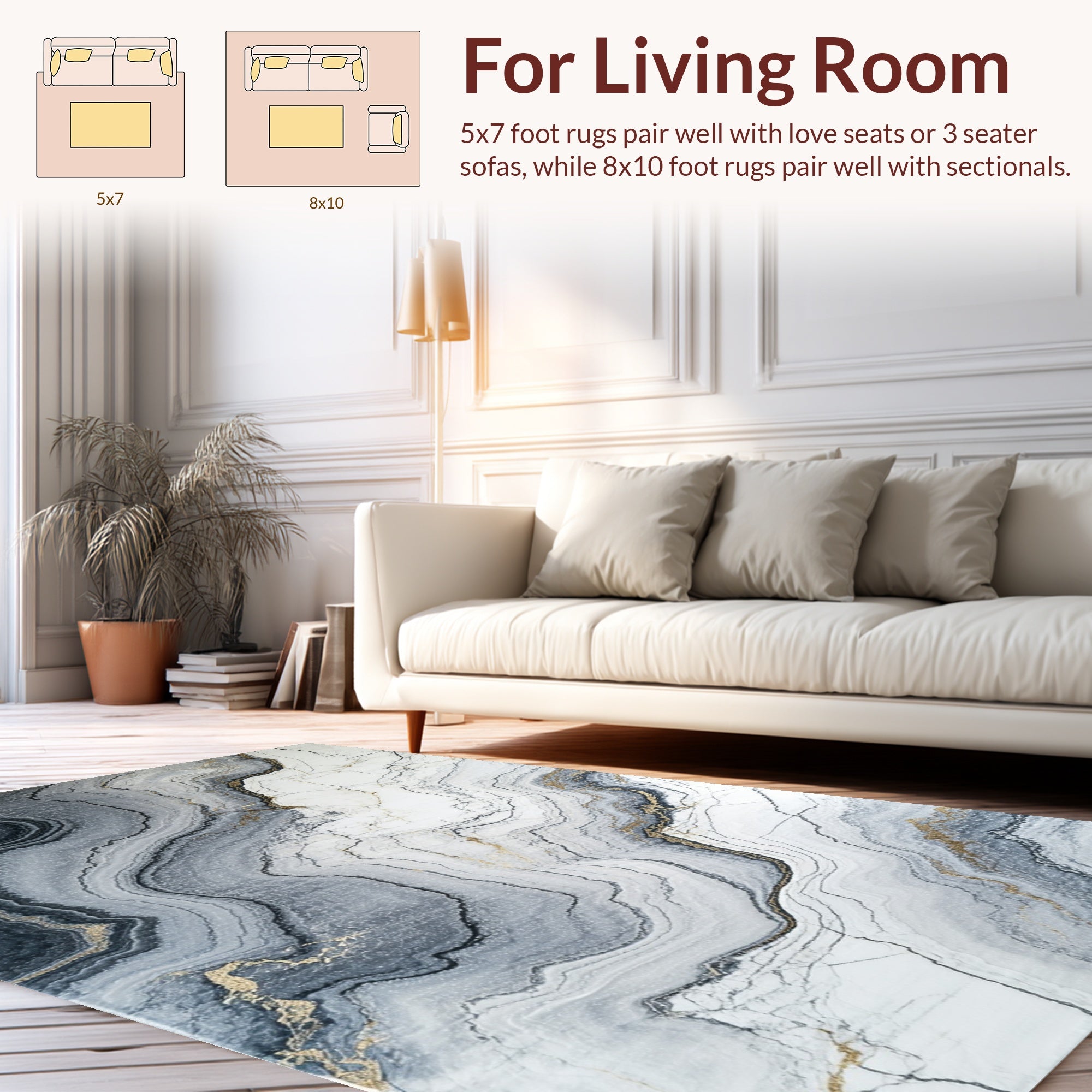 Abstract Grey Gold Veined Marble Design Rug
