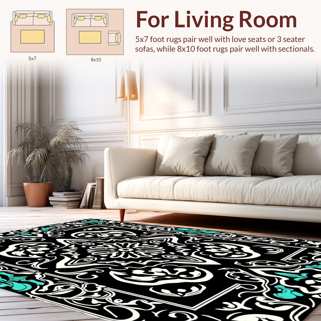 Black White Teal Bold Floral Mandala Rug
