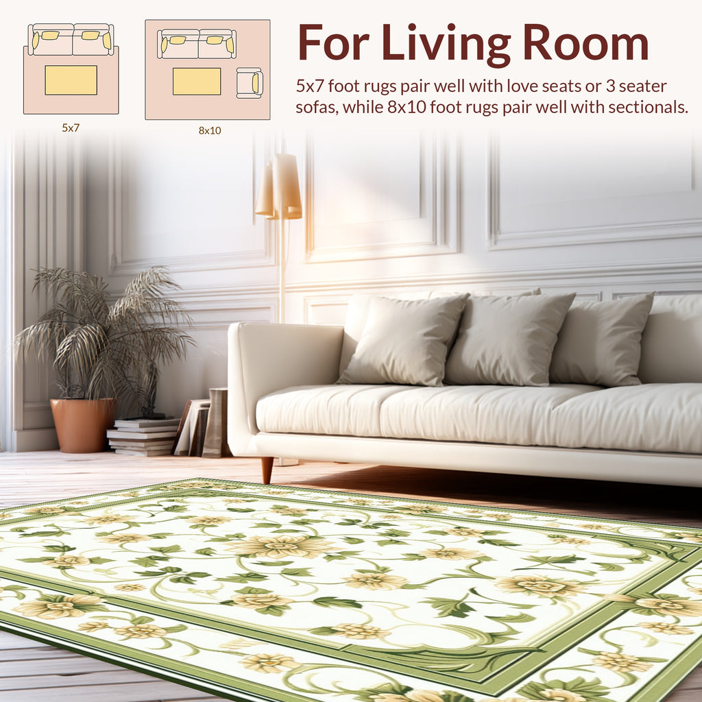 Elegant Cream Green Floral Vine Rug