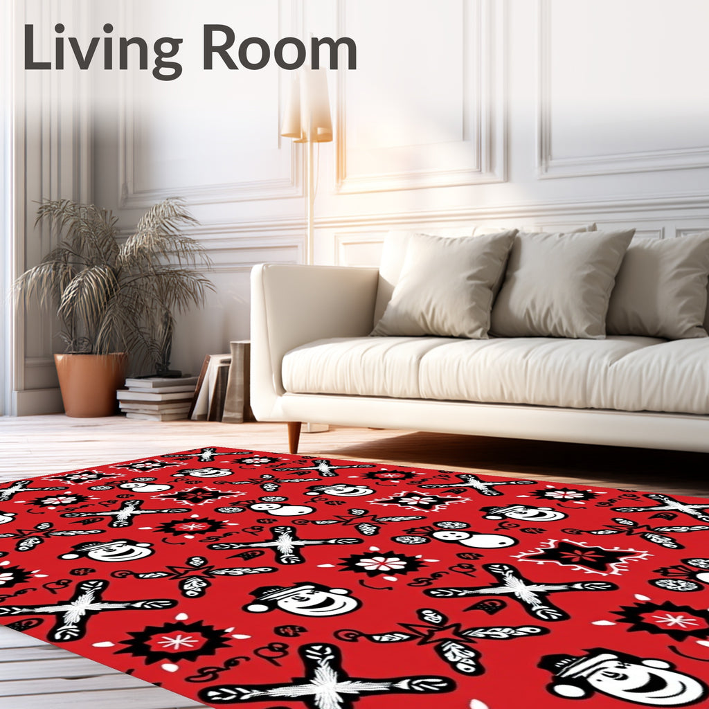 Red White Black Snowman And Star Rug