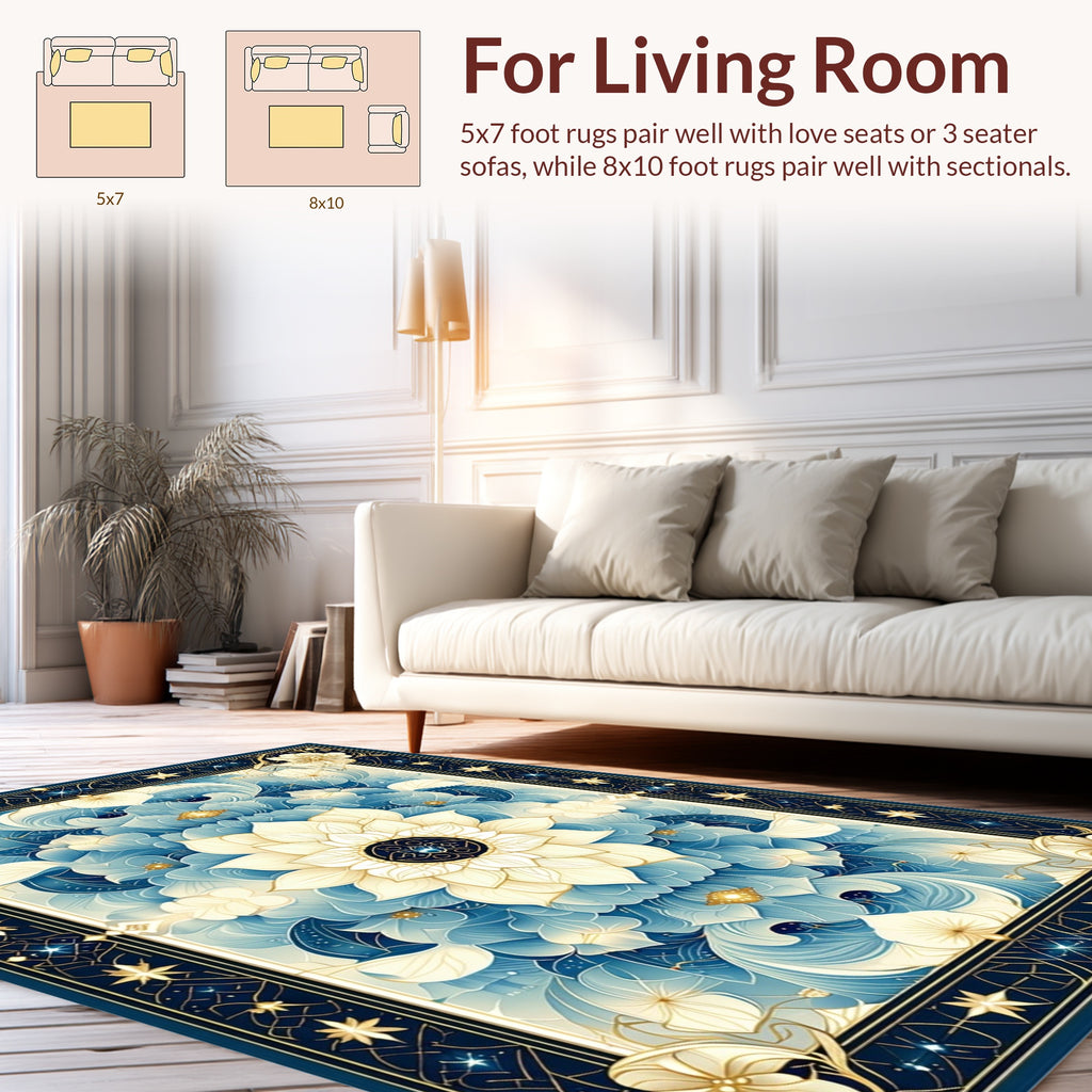 Floral Mandala Inspired Blue and Gold Design Rug