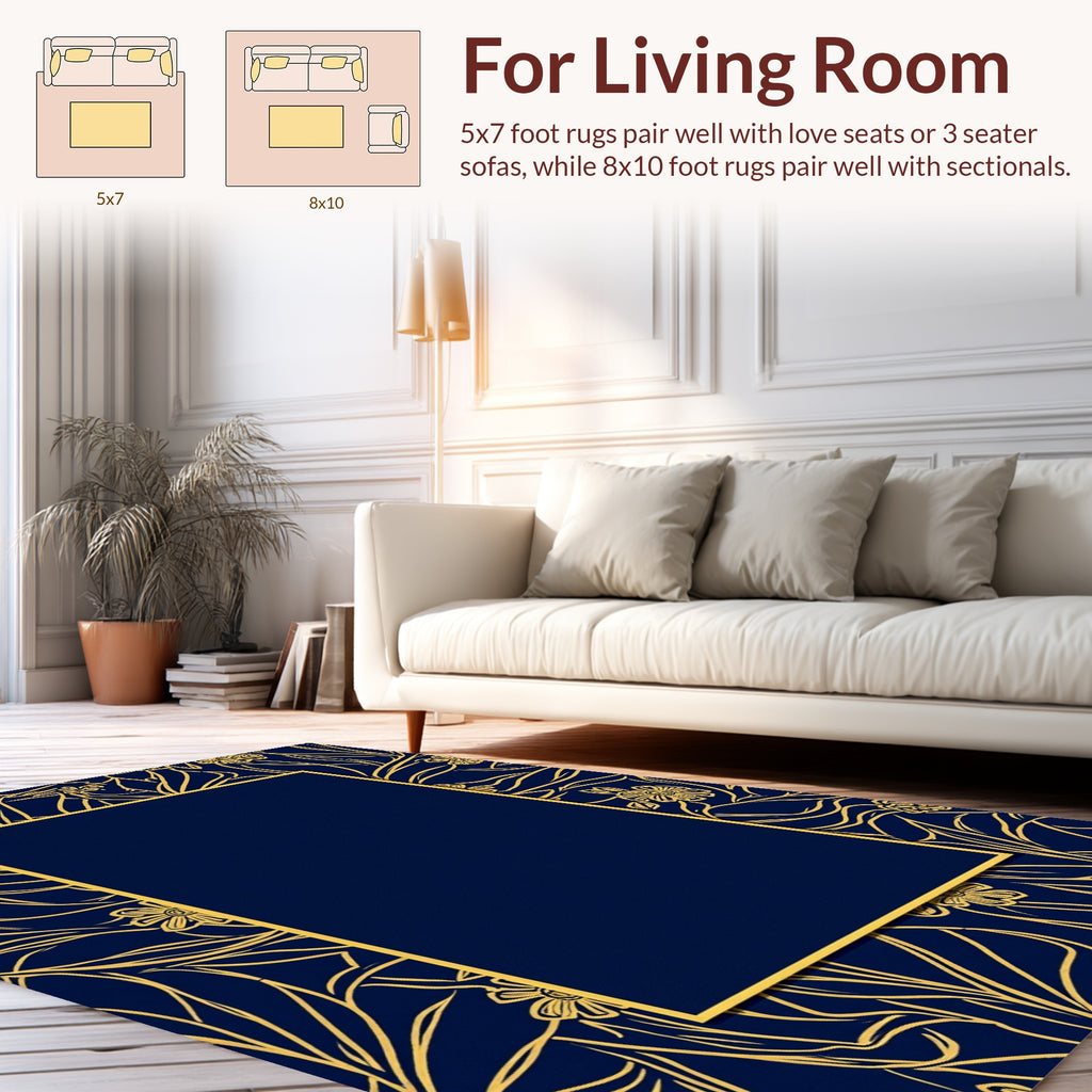 Navy Golden Floral Outline Pattern Rug
