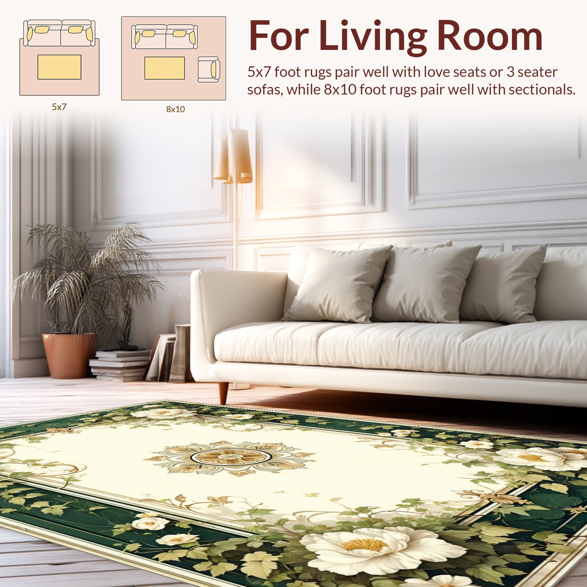 Ornate Floral Vine Cream Green Rug