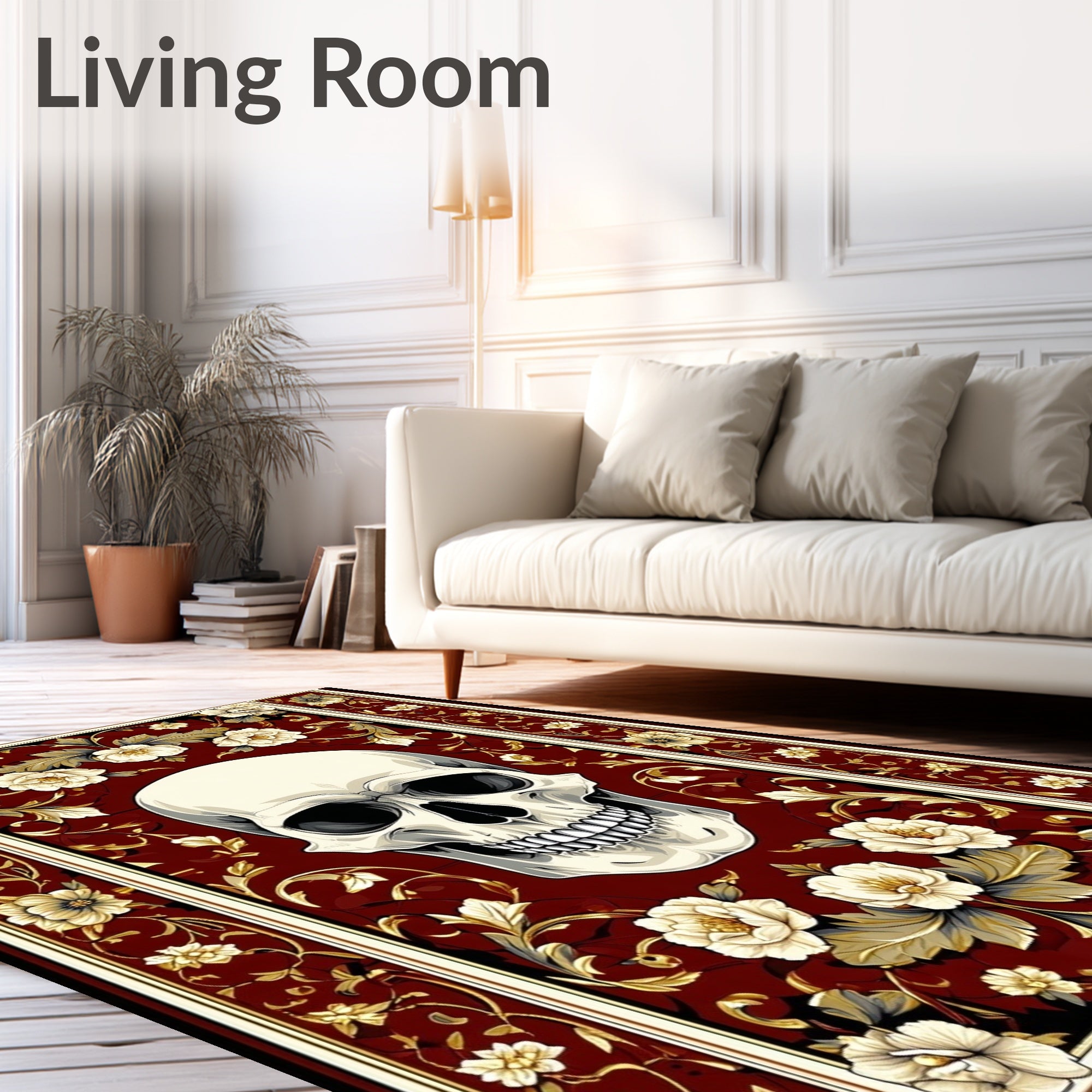 Gothic Skull Floral Botanical Design Rug
