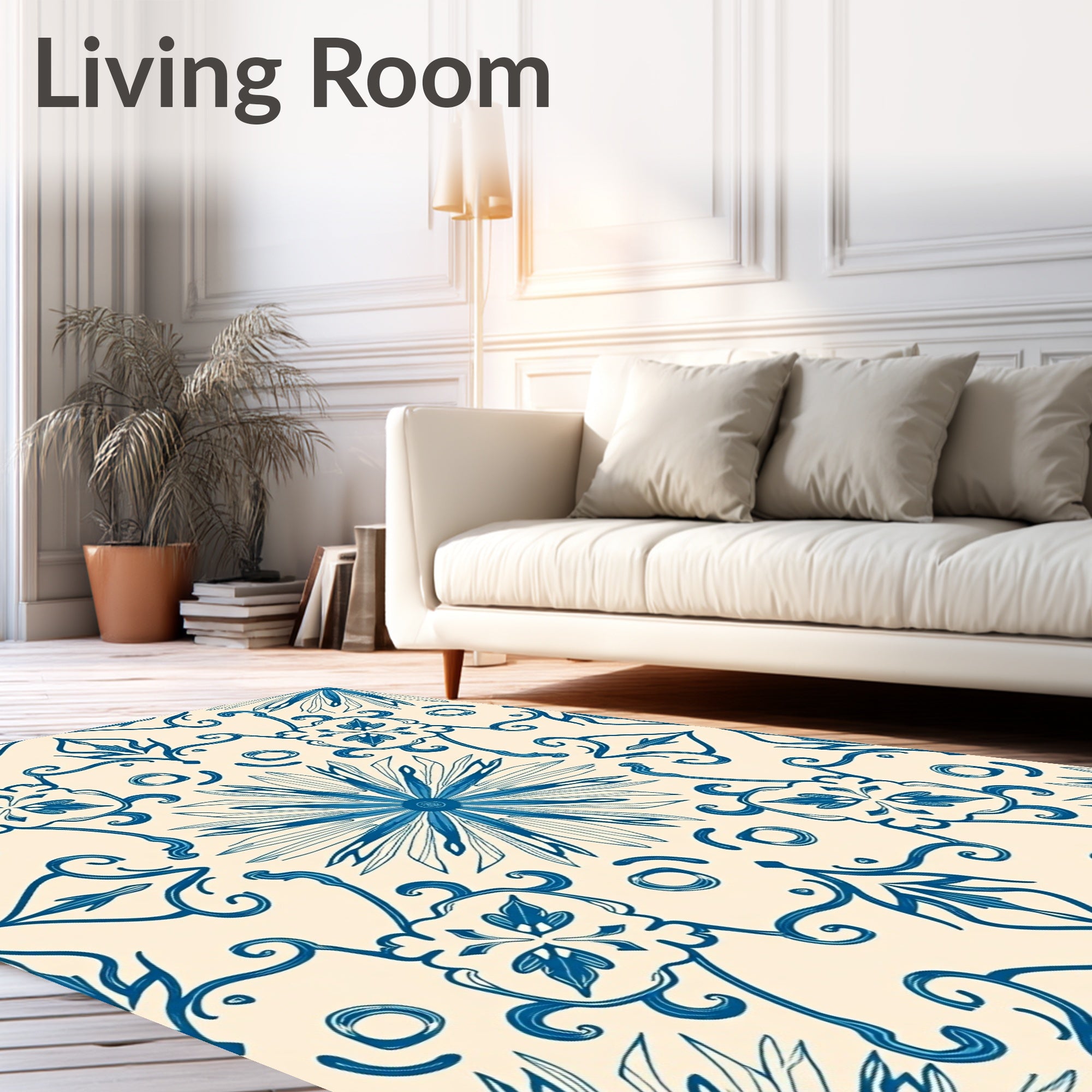 Cream And Cobalt Floral Medallion Tile Rug