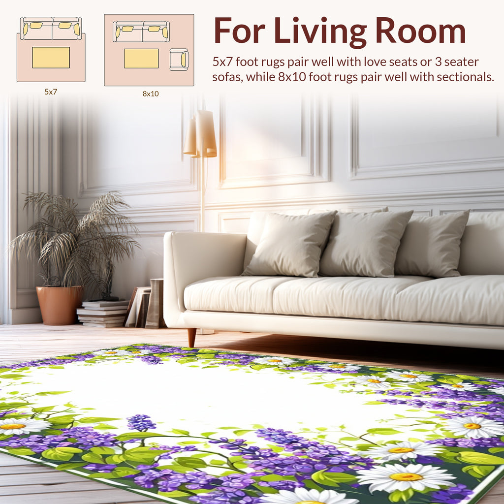 Floral Daisy Lavender Vine Design Rug