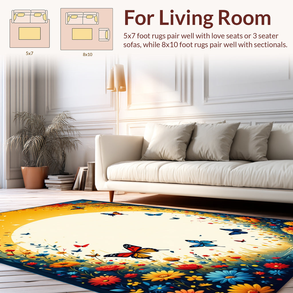 Vibrant Floral Meadow Butterflies Rug