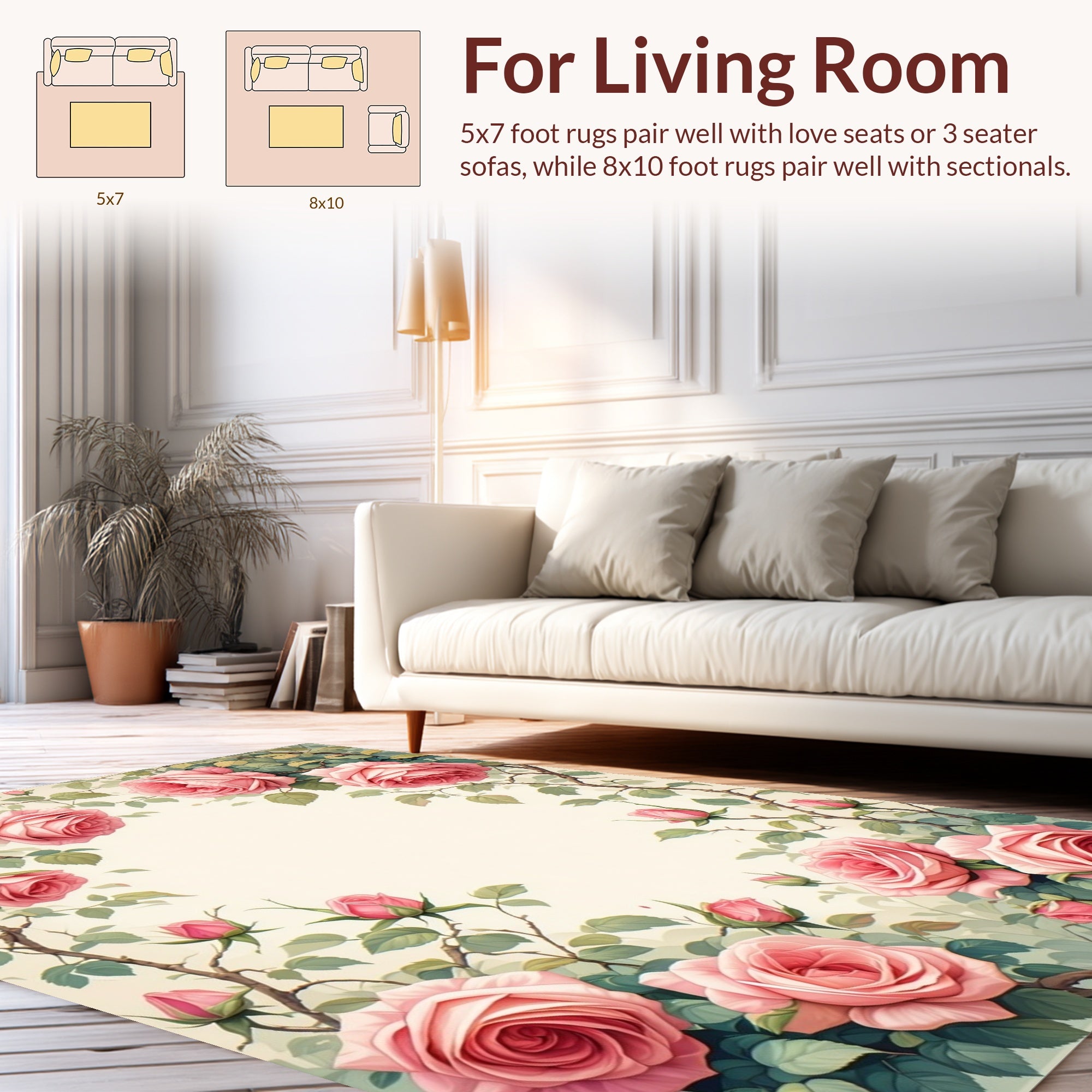 Romantic Pink Roses Floral Vine Design Rug