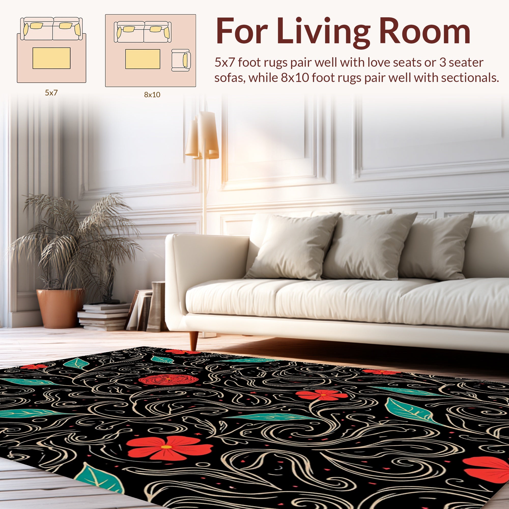 Red Floral Vine With Swirls Pattern Rug