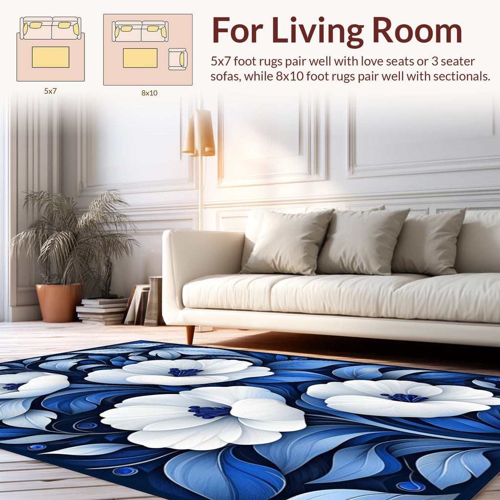 White Blue Floral Pattern Rug