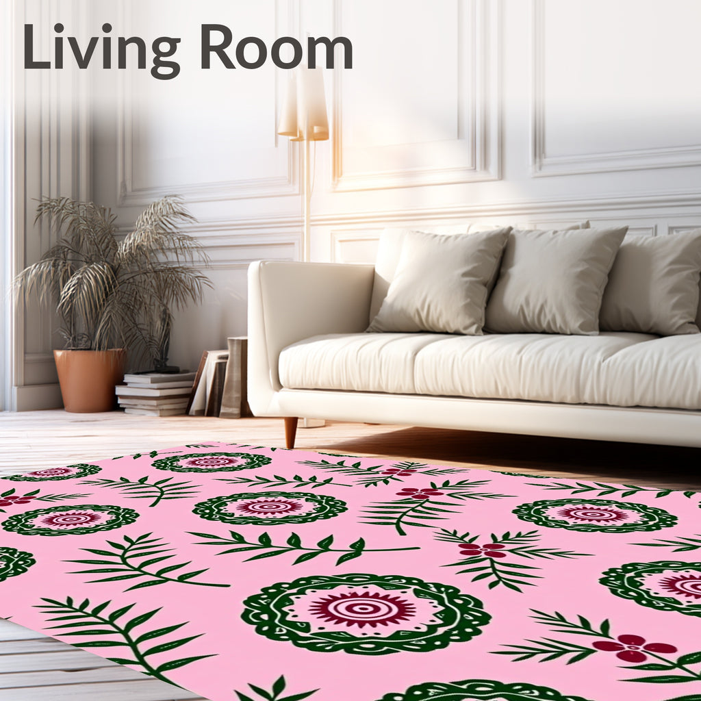 Pink Floral Green Medallion Branches Rug