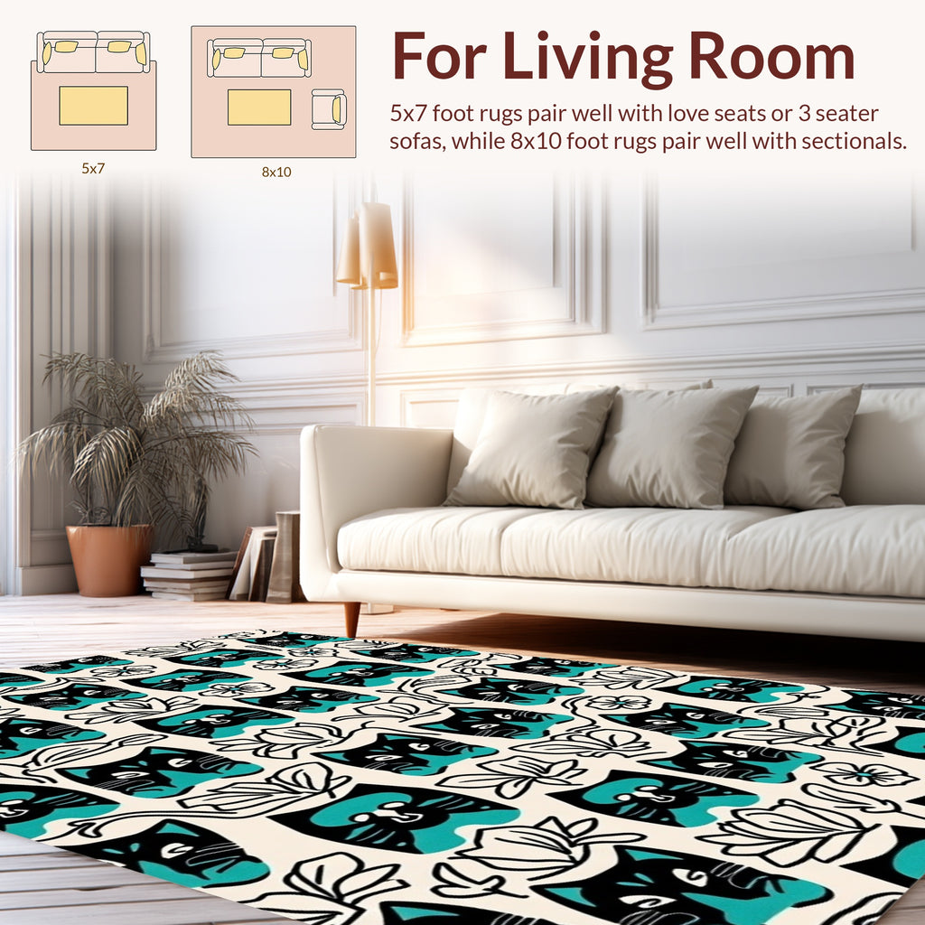 Black Teal Cat Floral Whimsy Pattern Rug
