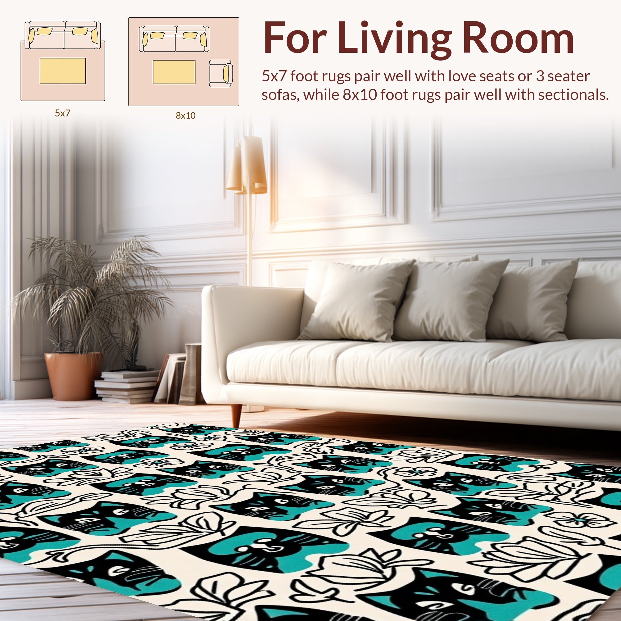Black Teal Cat Floral Whimsy Pattern Rug