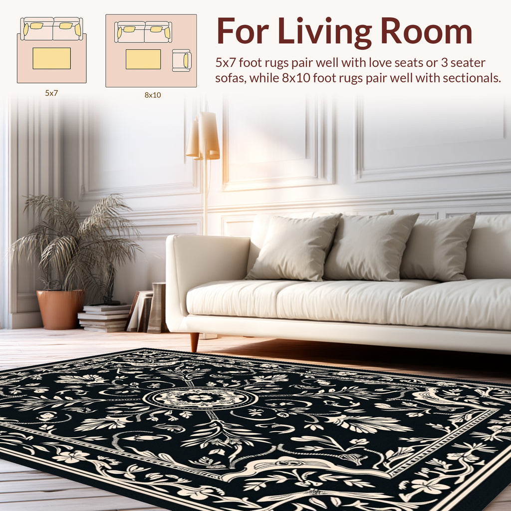 Black Cream Floral Intricate Pattern Rug