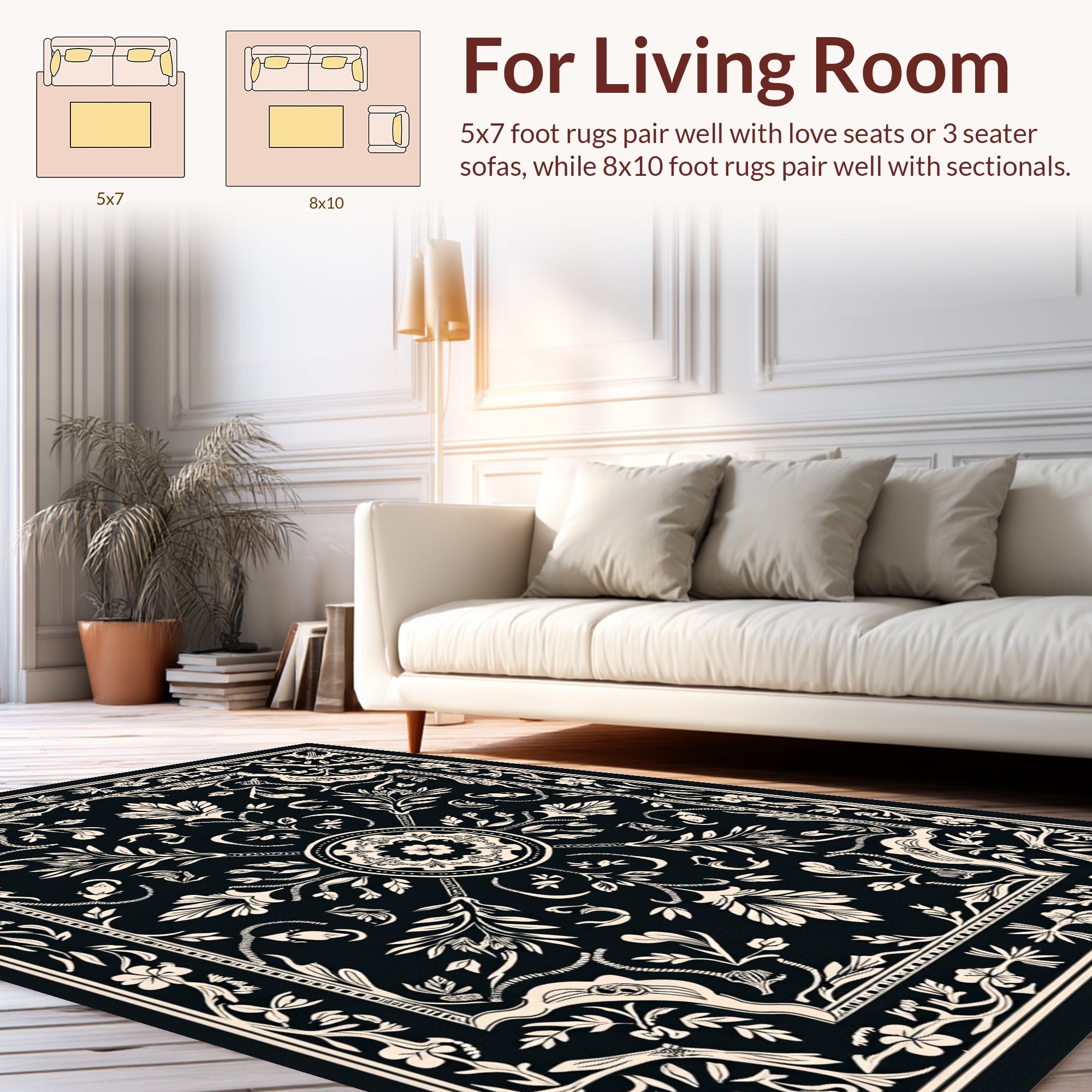Black Cream Floral Intricate Pattern Rug