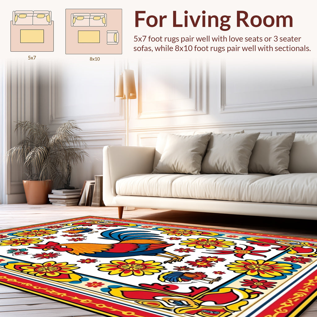 Rooster Floral Pattern In Red Yellow Rug