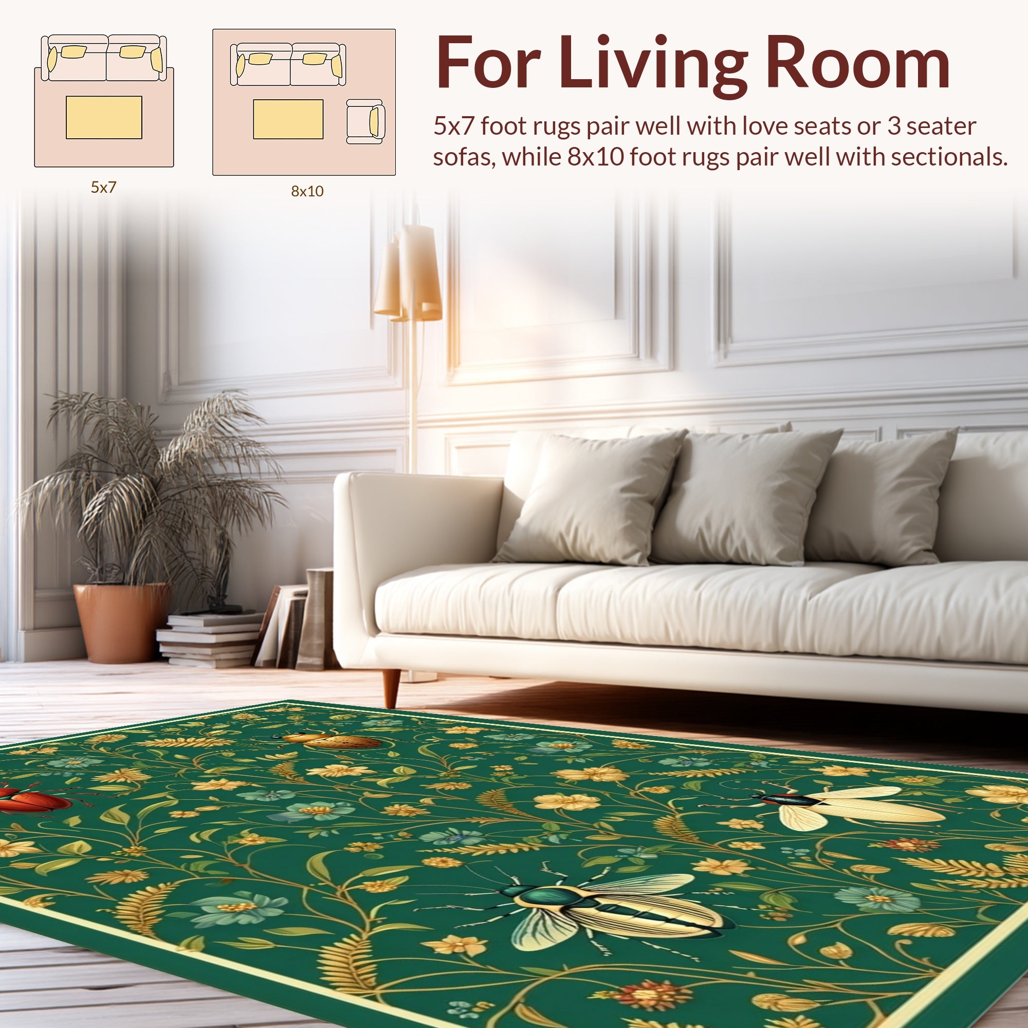 Emerald Green Floral Insect Pattern Rug