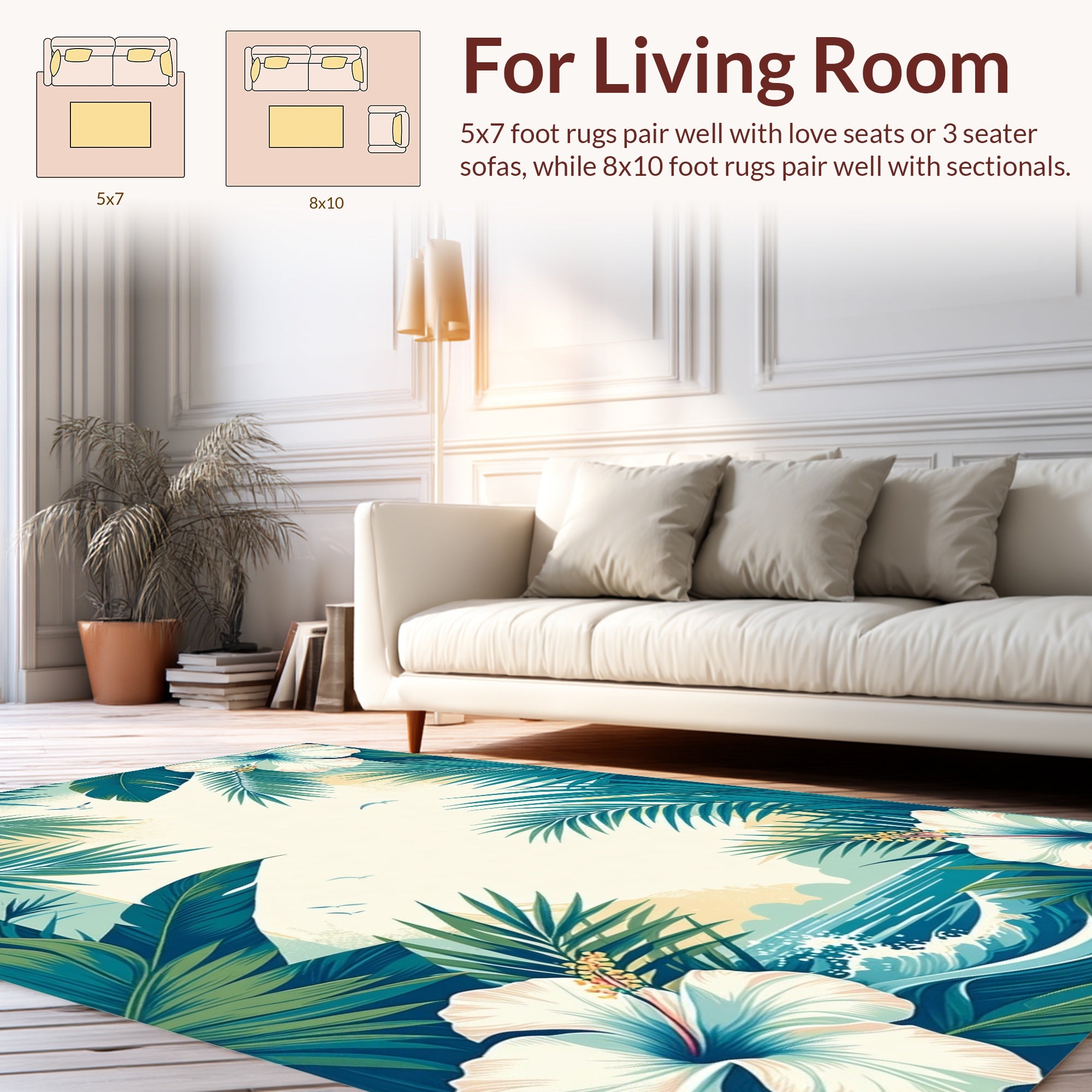 Tropical Hibiscus and Palm Leaf Design Rug
