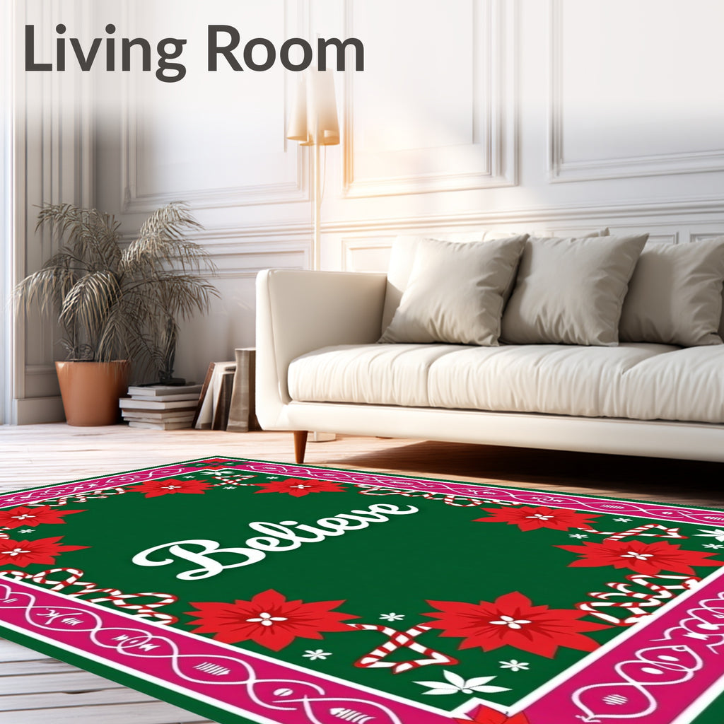 Festive Pink Holly Poinsettia Ribbon Rug
