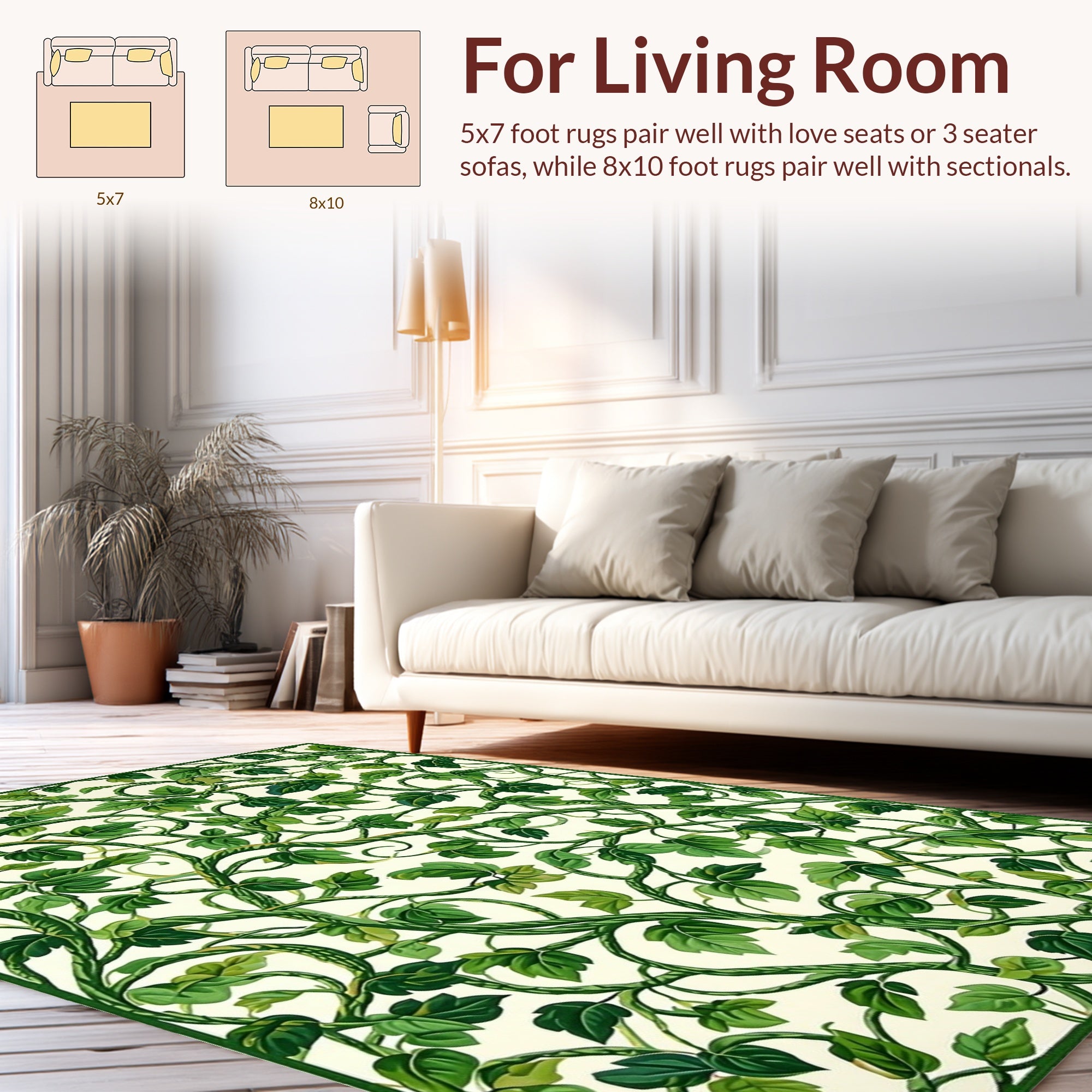 Lush Green Vine Botanical Pattern Rug