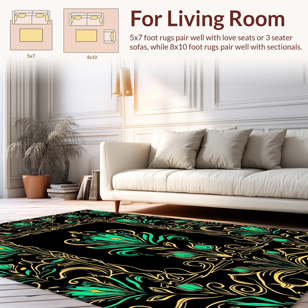 Elegant Black Floral Swirls Design Rug
