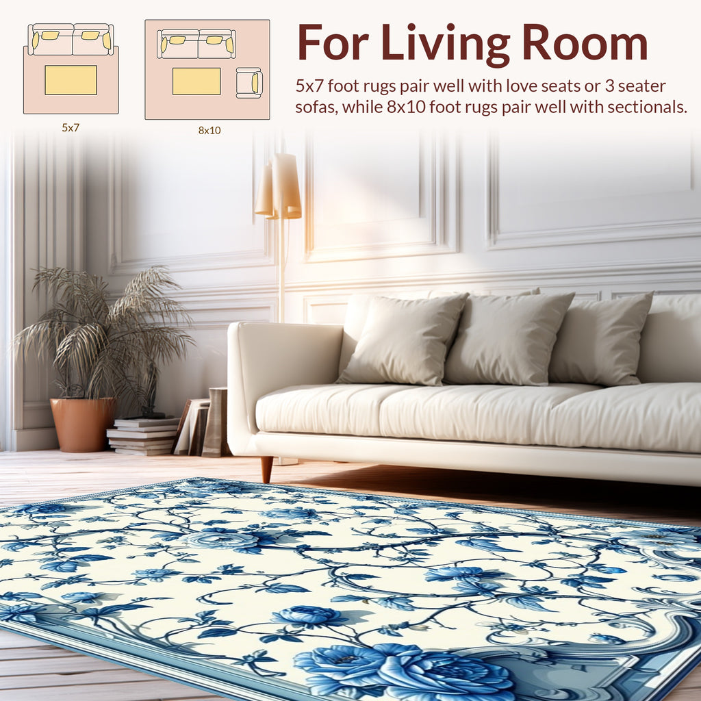 Chinoiserie Blue Floral Vine Pattern Rug