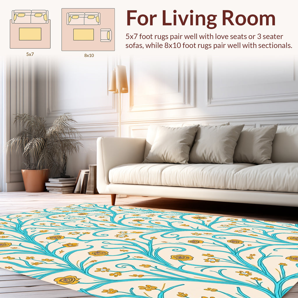 Turquoise Floral Whimsical Vine Pattern Rug